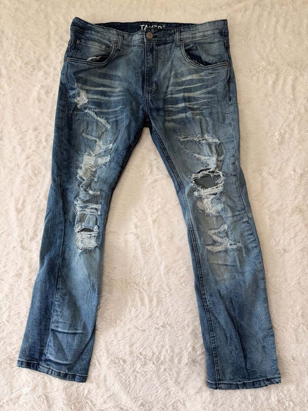 TAKER Mens Distressed Ripped Denim Jeans 38x30 Vintage Wash Streetwear